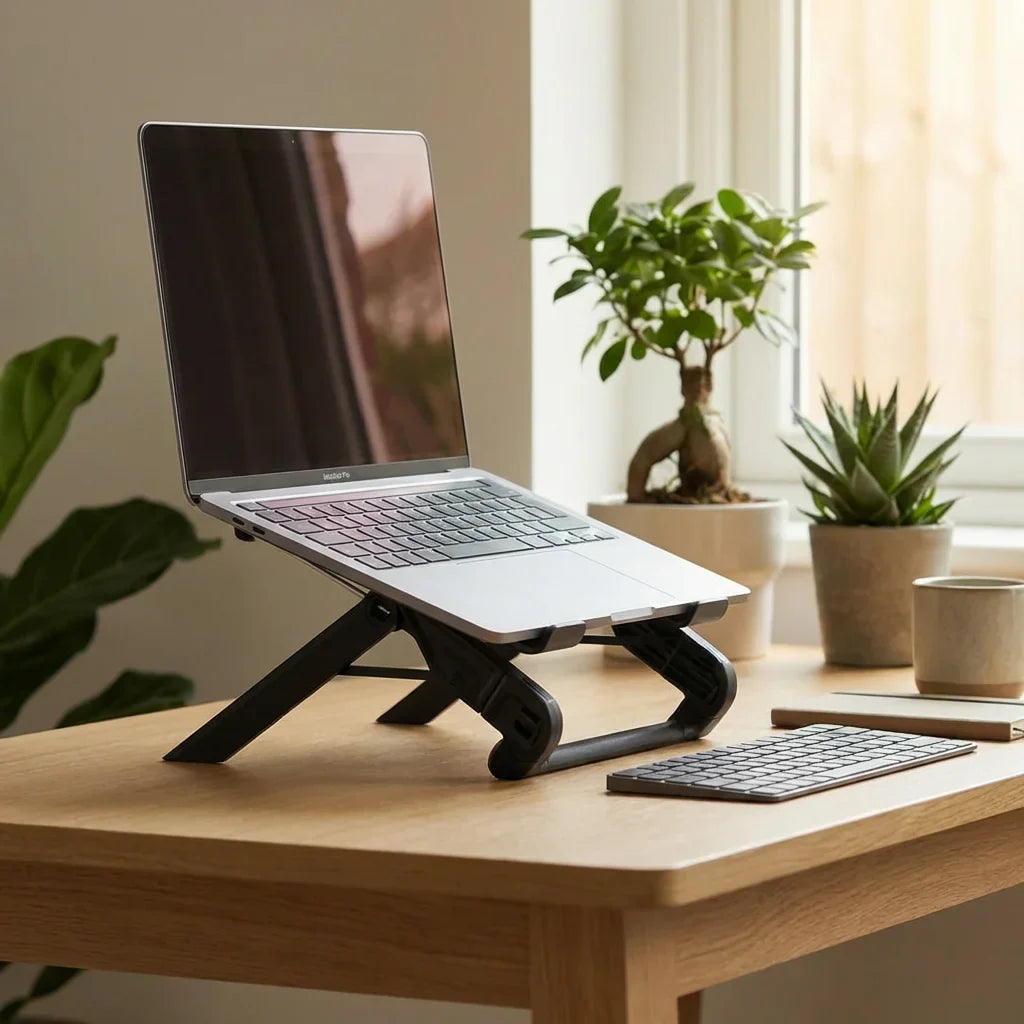 NexStand K7 Fixed-Height Laptop Riser on a wooden desk
