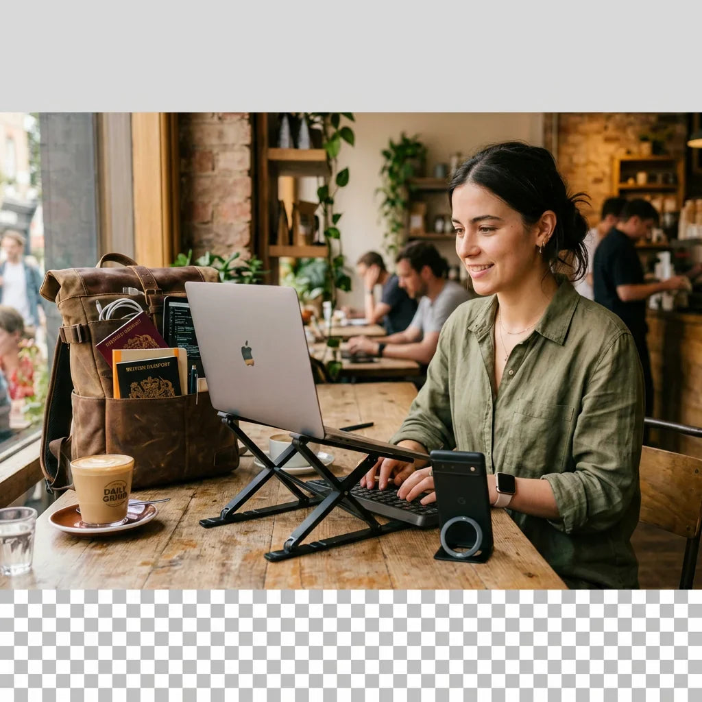 Digital nomad working at a cafe with NexStand K2 laptop stand and M2 magnetic ring phone stand