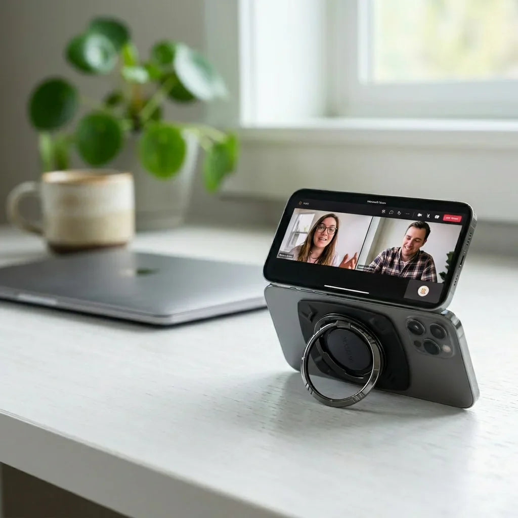 NexStand M2 Magnetic Ring Stand in kickstand mode on a minimalist desk