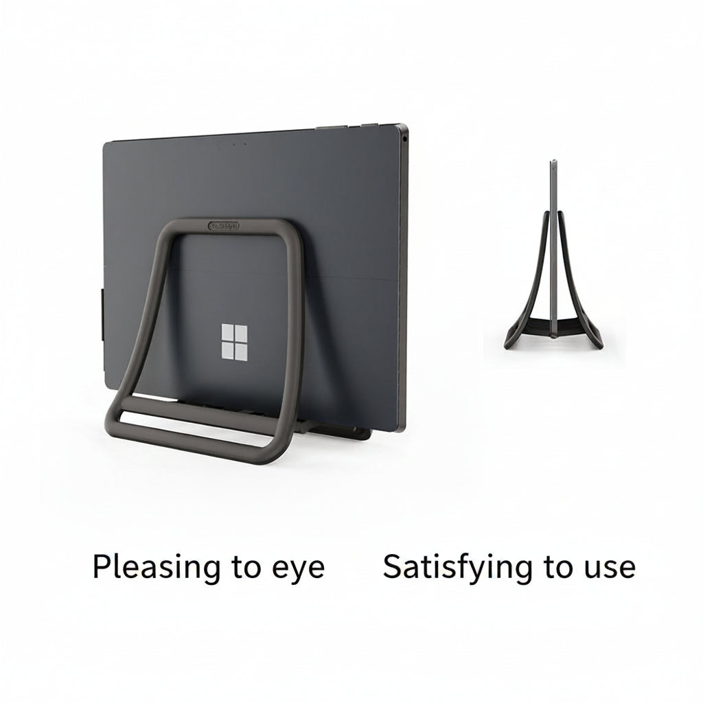 Nexstand K11 gravity-locking laptop stand holding MacBook securely in clamshell mode